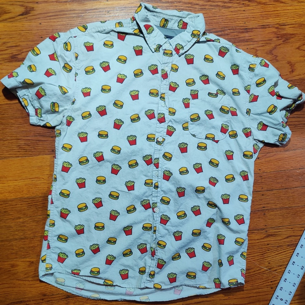 Burger and fries alpha beta button up short sleeve shirt